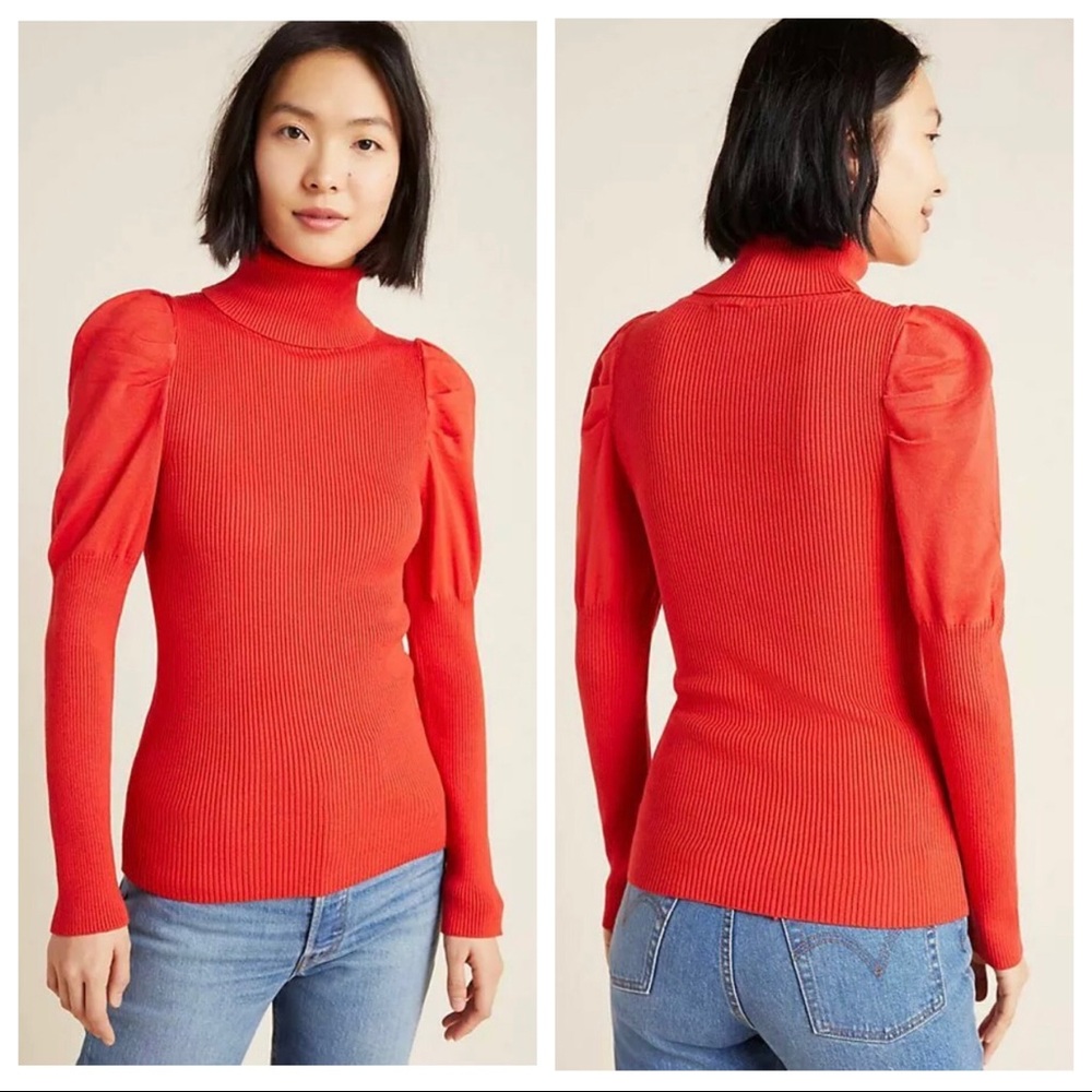 Anthropologie Cecilia Red Puff Sleeve Rib Sweater - Picture 2 of 7